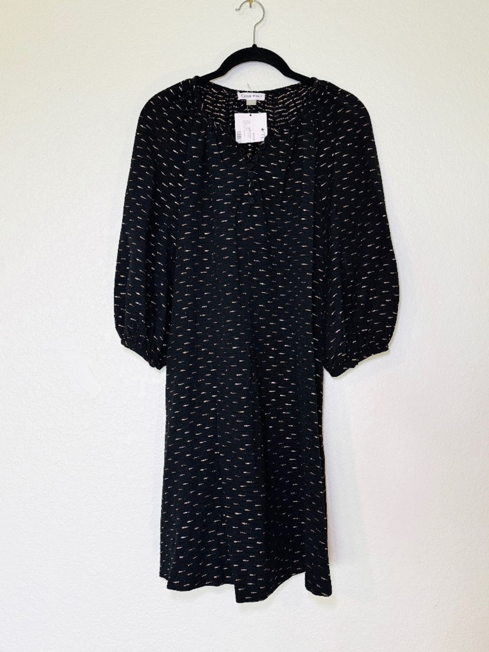 Calvin Klein Dress 2 Black Balloon Sleeve Gold Sparkle Loose Babydoll NEW